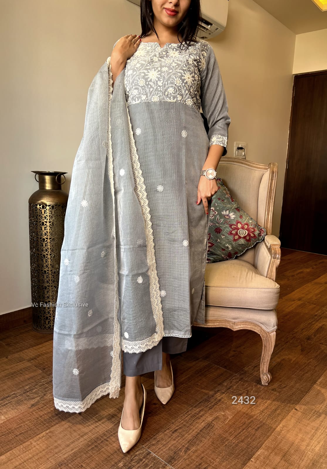 Pure Kota Doria Embroidered Kurta Pant Dupatta Suit Set with Crocia Lace – Women’s Grey, Sizes 38 to 46