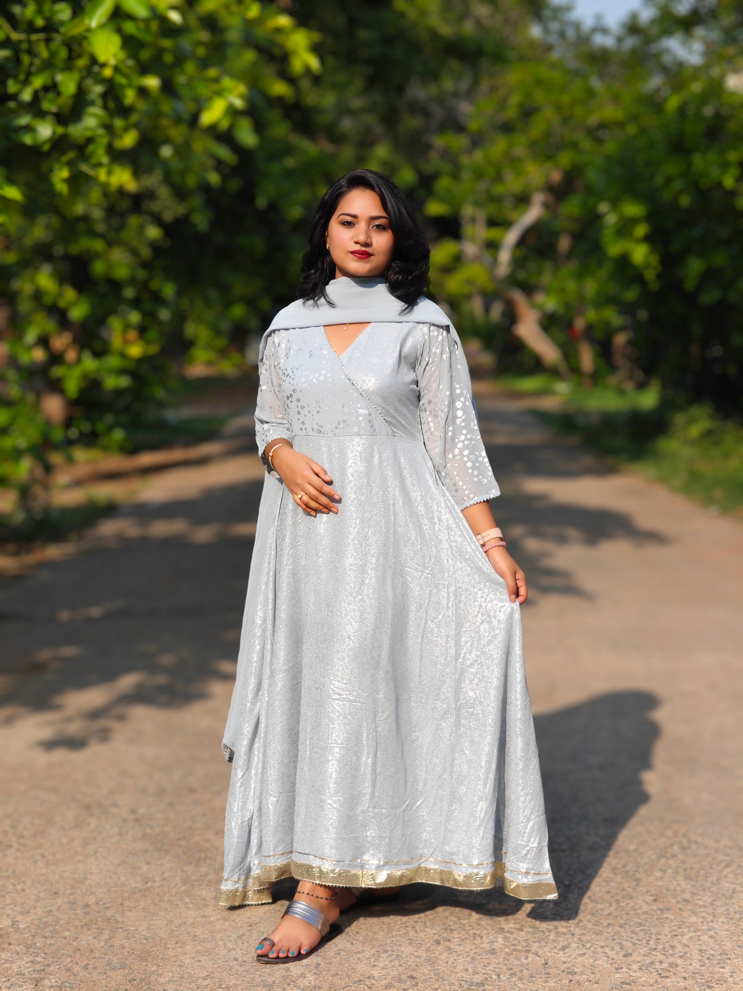 Grey Georgette Foil Print Kurta with Dupatta – Women’s Festive Ethnic Wear