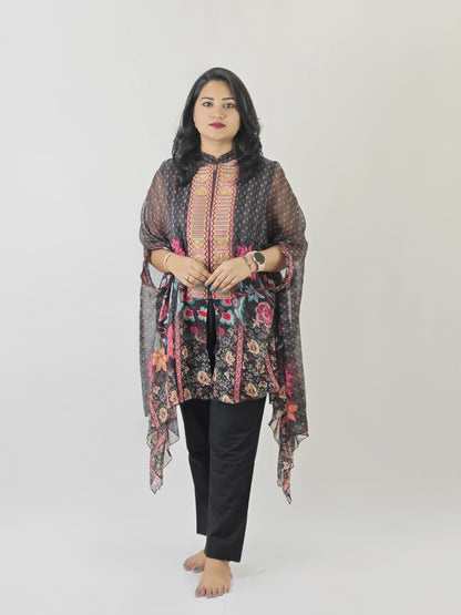 Cape-style printed chiffon top with cotton inner and linen cotton bottom – embroidered women’s festive co-ord set