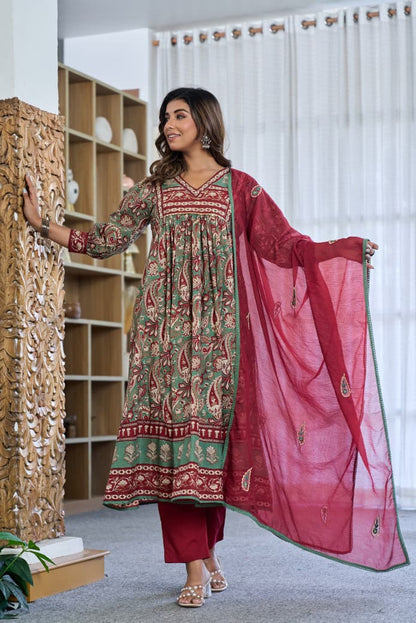 Cotton Kalamkari Printed Kurti Pant Set with Kota Doria Dupatta for Women, V-Neck Straight Kurta Ethnic Set