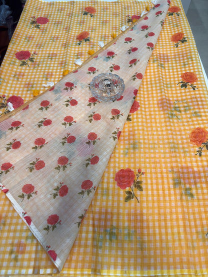 Linen Checks Printed Saree with Rose Floral Design and Matching Blouse for Women