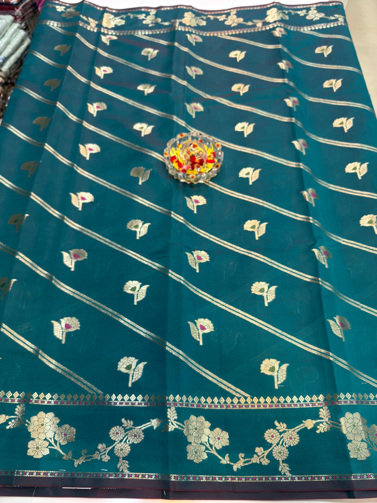 Banarasi Semi Katan Silk Saree for Women with Gold Zari Weaving, Meenakari Border and Blouse Piece