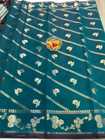 Banarasi Semi Katan Silk Saree for Women with Gold Zari Weaving, Meenakari Border and Blouse Piece