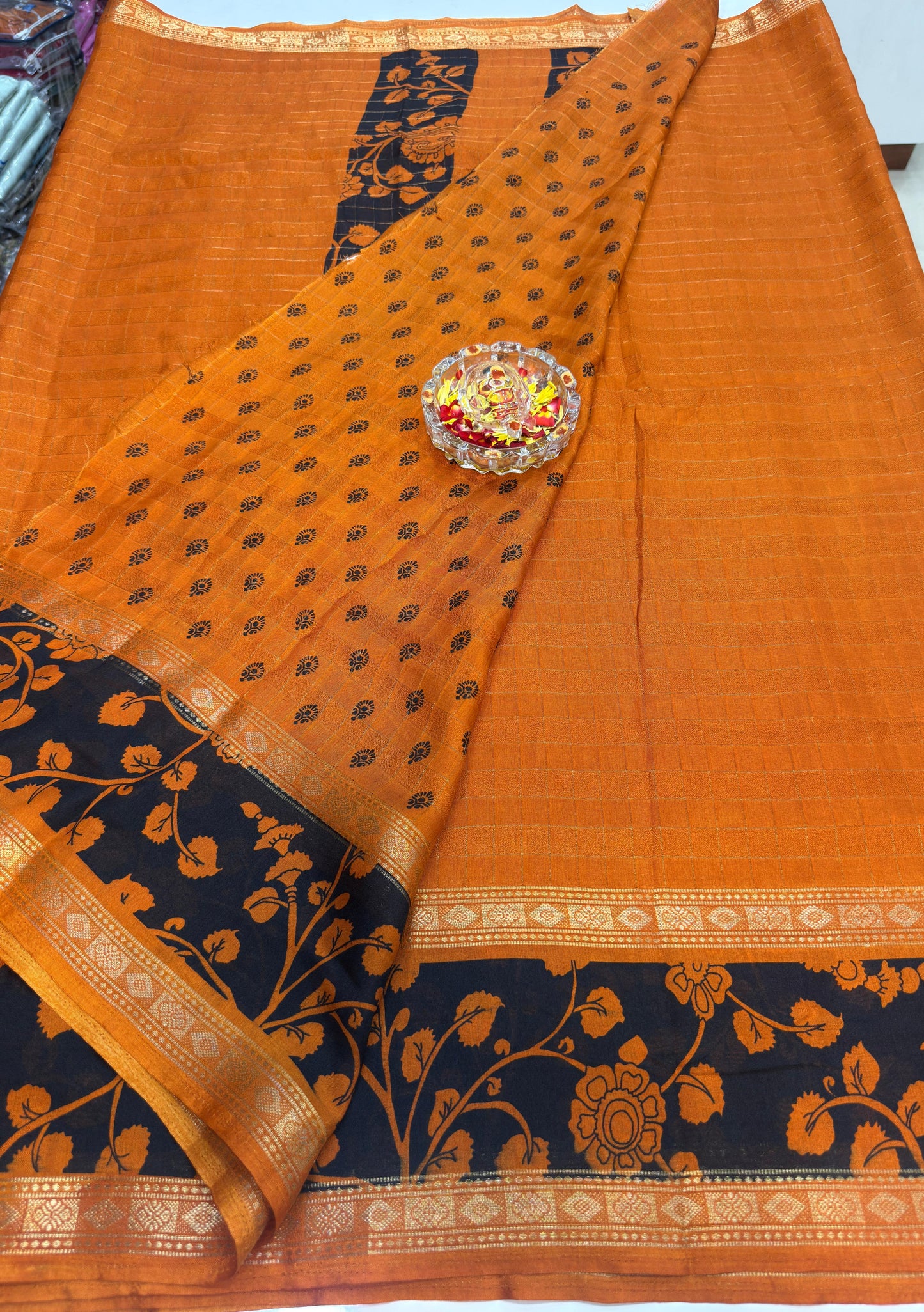 Semi Mysore Georgette Blend Saree for Women with Woven Border and Traditional Printed Design