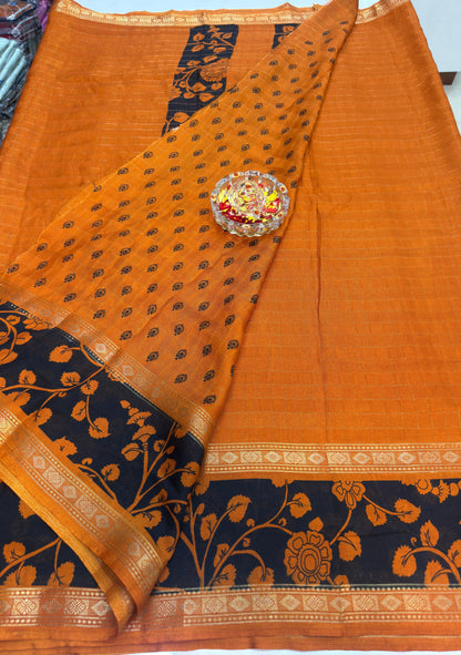Semi Mysore Georgette Blend Saree for Women with Woven Border and Traditional Printed Design