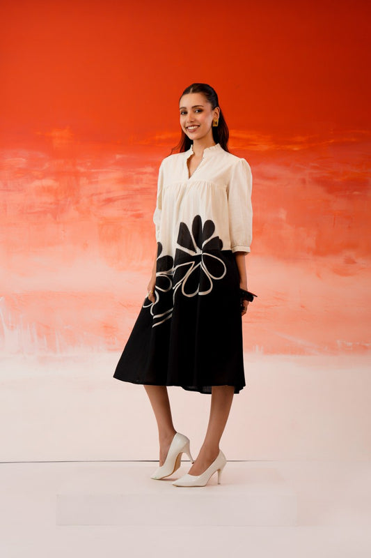 Cotton Flex Midi Dress for Women, Black and White Color Block A-Line Midi Dress, M to XXL