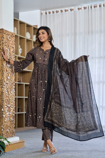 Cotton Kurti Pant Dupatta Set for Women with Kota Doria Dupatta, Printed Ethnic Wear Set