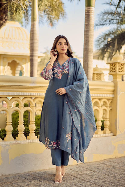 Mul Chanderi Embroidered Kurti Pant Dupatta Set for Women, V-Neck Straight Kurta with Matching Bottom and Dupatta