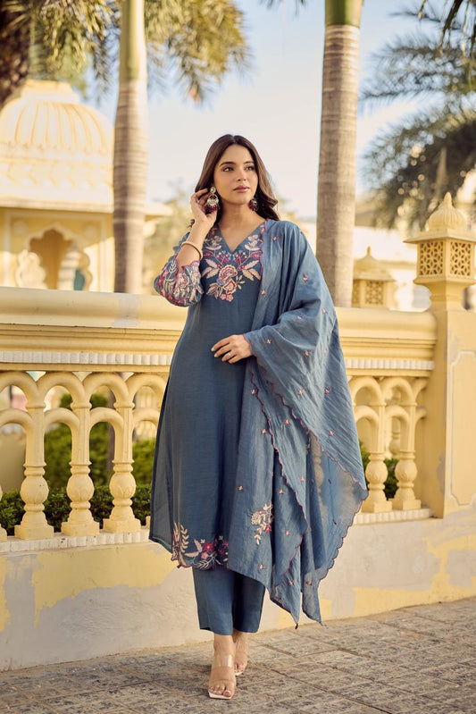 Mul Chanderi Embroidered Kurti Pant Dupatta Set for Women, V-Neck Straight Kurta with Matching Bottom and Dupatta