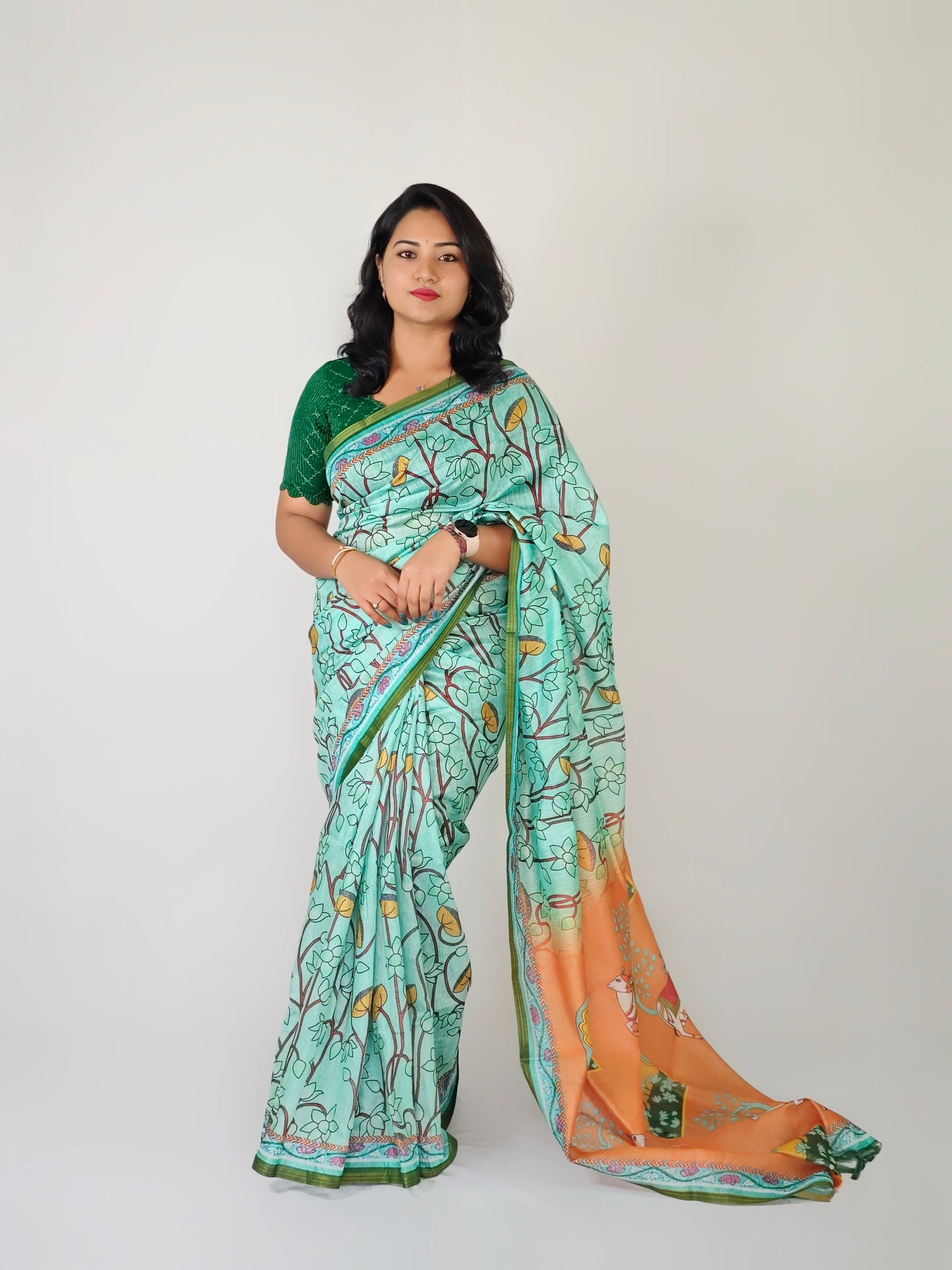 Mul Linen Cotton Saree with Pichwai Print, Tiny Zari Border, Tassel Pallu, and Contrast Blouse