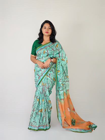 Mul Linen Cotton Saree with Pichwai Print, Tiny Zari Border, Tassel Pallu, and Contrast Blouse