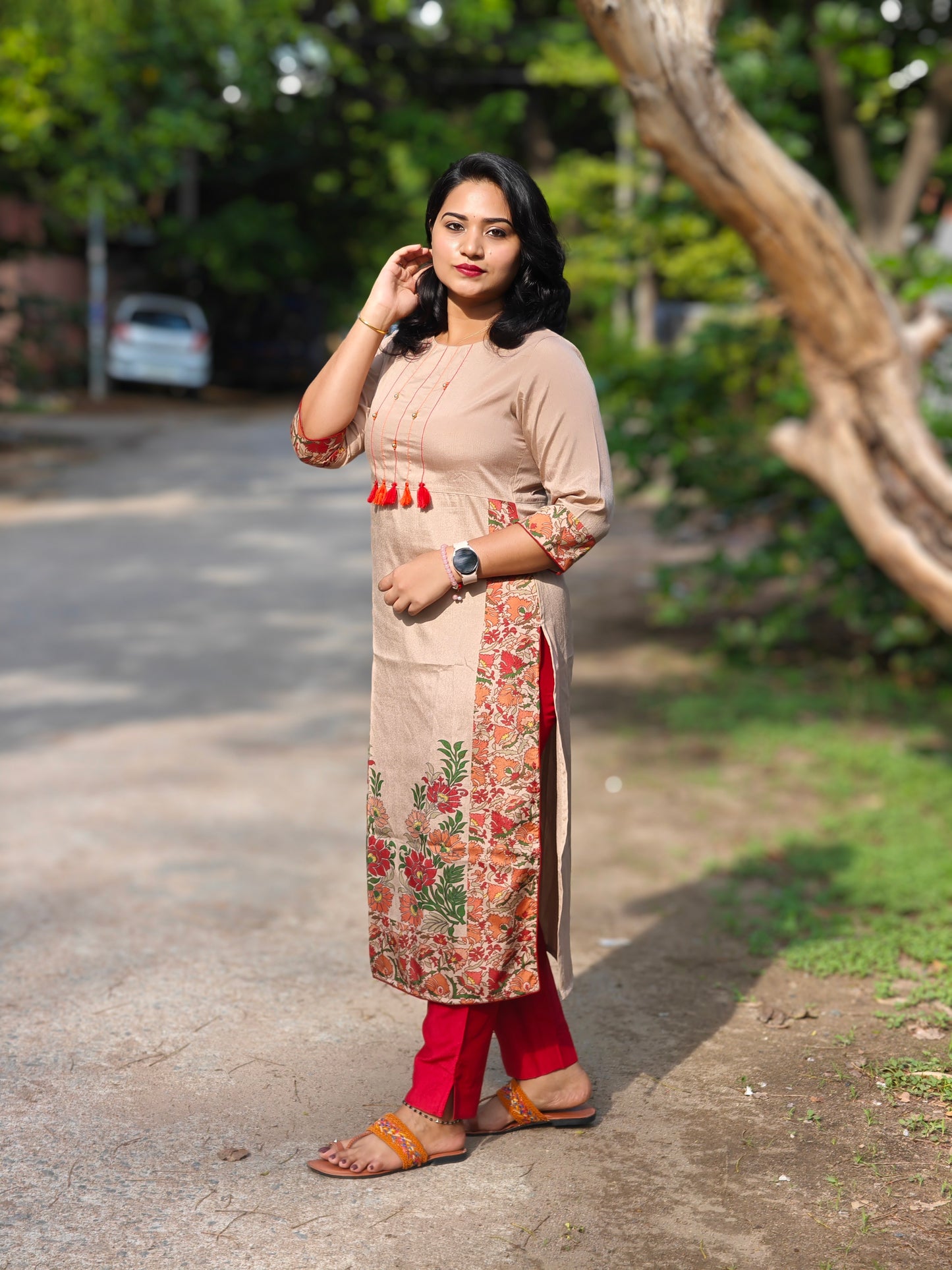 Long Beige Cotton Blend Designer Kurti with Floral Print – Sizes S, XL & 2XL