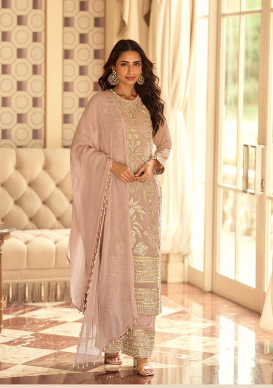 Women’s premium georgette embroidered stitched suit set with beads work and palazzo (XL)