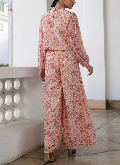 Floral printed georgette co-ord set for women with full-sleeve top and wide-leg pants – elegant summer outfit