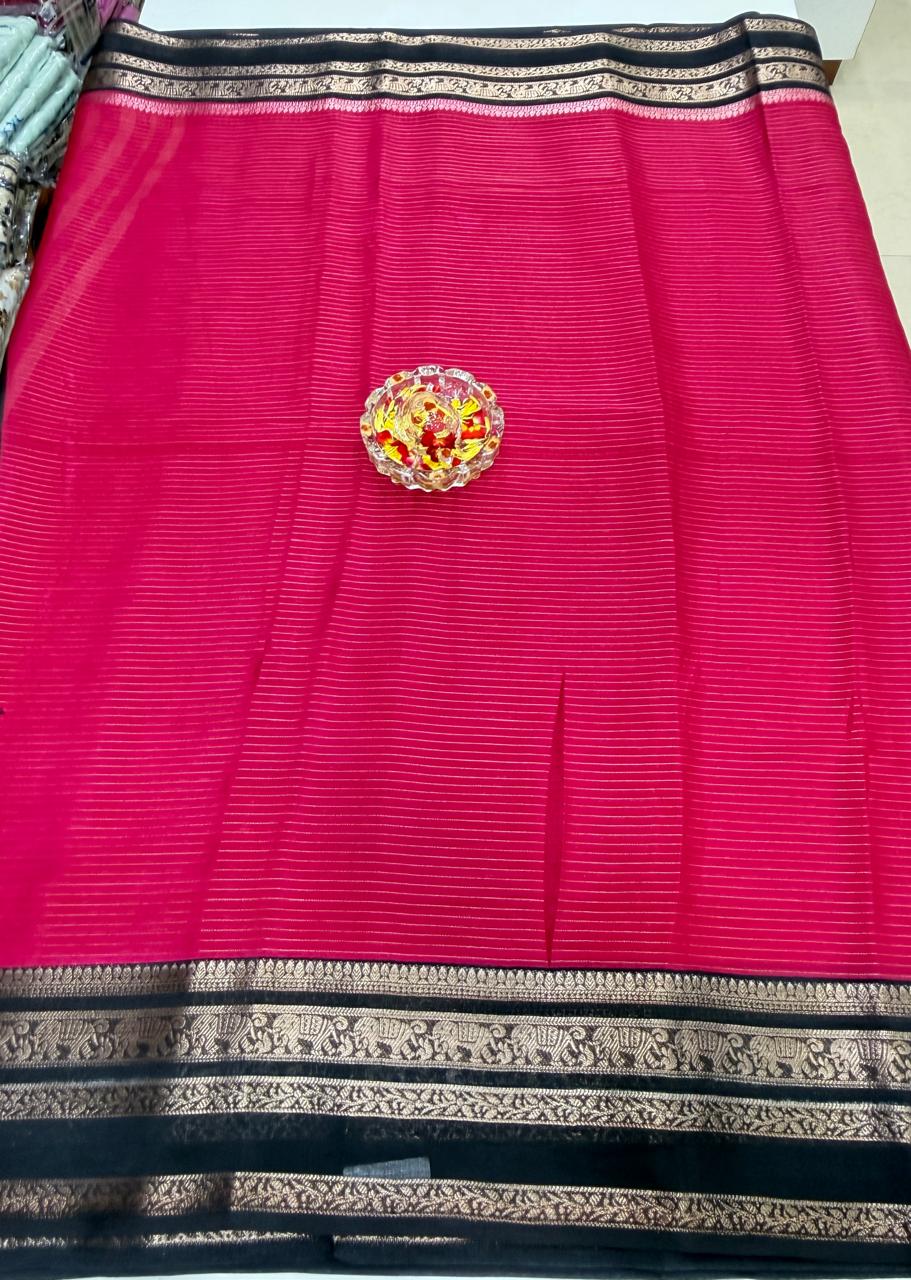 Munga Crape Silk Saree for Women with Contrast Woven Border and Traditional Stripe Design