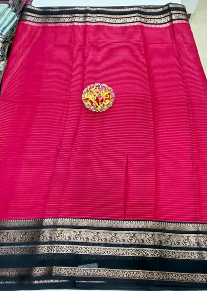 Munga Crape Silk Saree for Women with Contrast Woven Border and Traditional Stripe Design