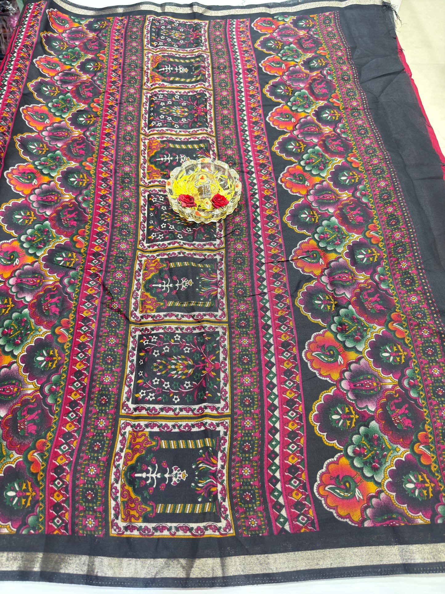 Kalamkari Printed Silk Blend Saree for Women with Artistic Border and Traditional Ethnic Design