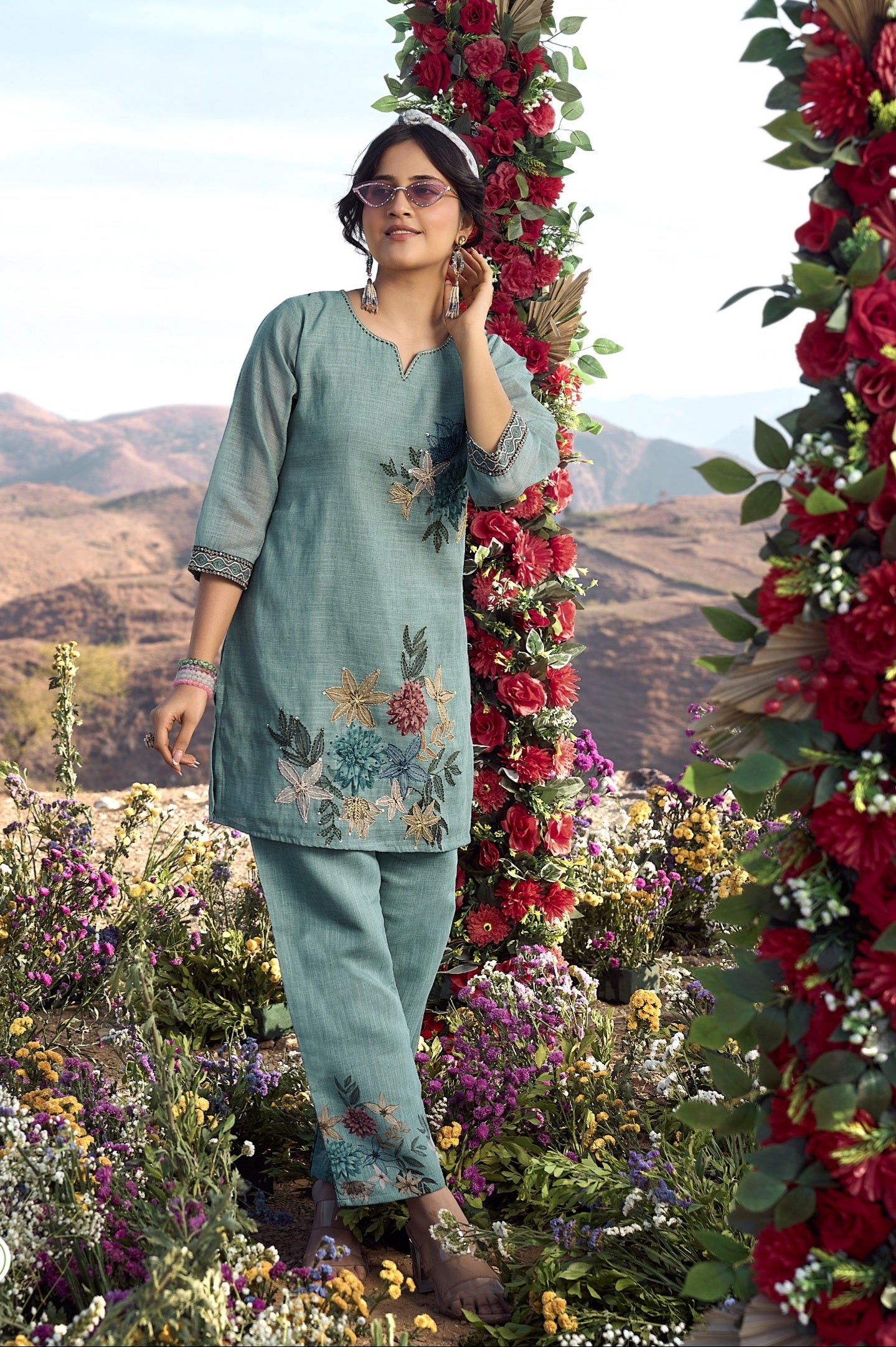 Linen Pure co ord set for women with cotton lining and knot work detailing, top and pant set L to 2XL