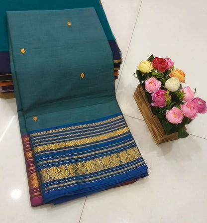Kanchi cotton saree with all over small butti and zari thread border, 6.2m with running blouse, women’s traditional saree