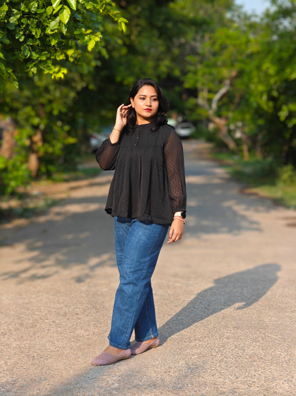 Black Dobby Chiffon Solid Empire Waist Top for Women – Sizes S to 2XL