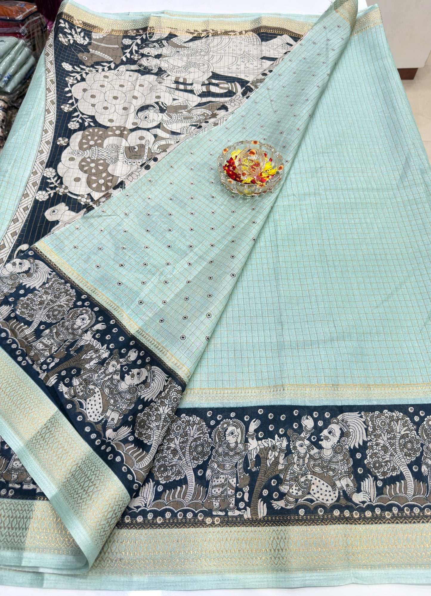 Semi Mysore Georgette Blend Saree for Women with Woven Border and Traditional Printed Design
