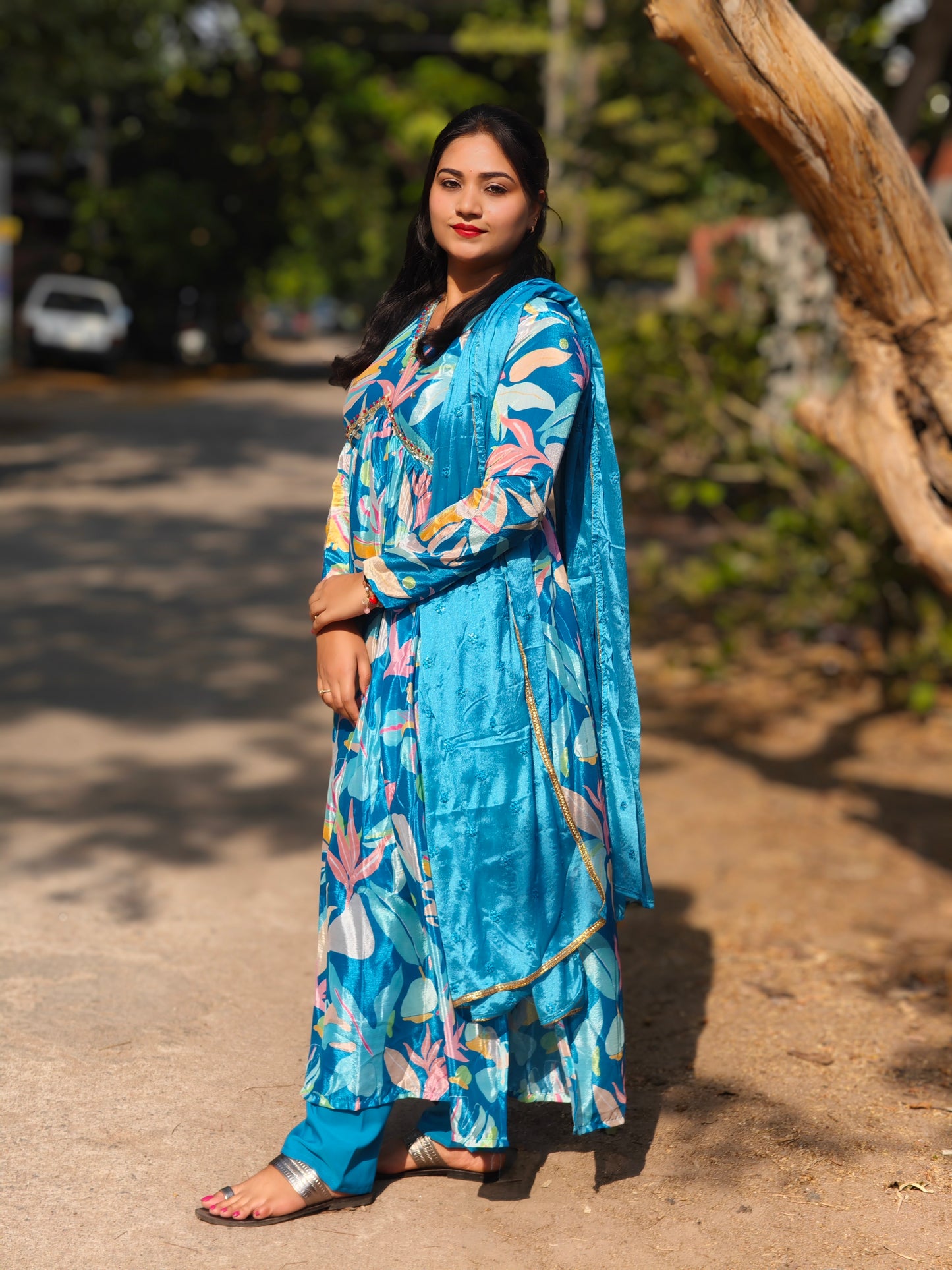 Women’s Chinnon Fabric Alia Cut Salwar Suit Set with Printed Design & Matching Dupatta