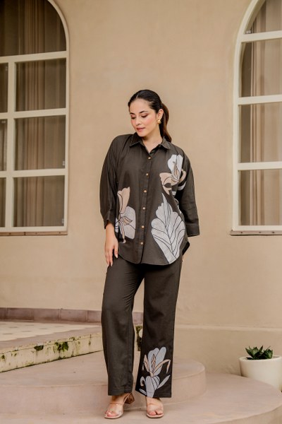 Cotton Co-ord Set for Women, Dark Grey Oversized Shirt Top with Pant, Floral Print, Button Front, 2 Piece Set