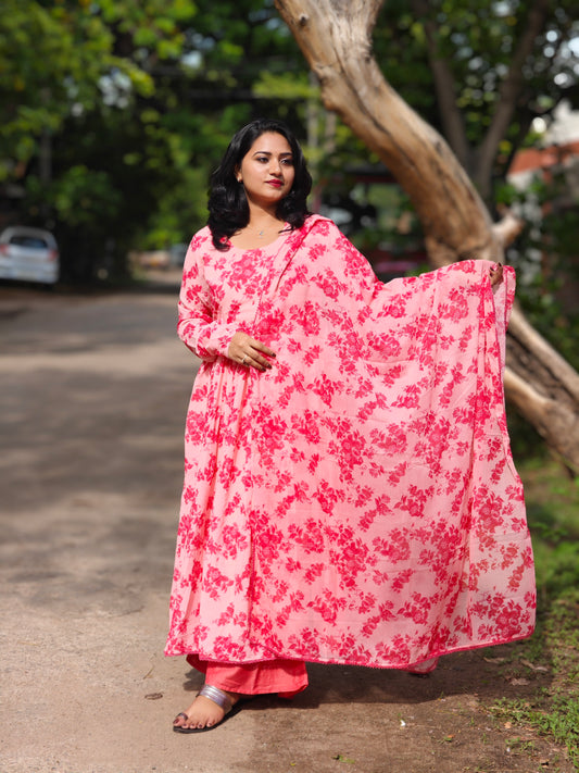 Floral Printed Georgette Kurta with Lace Hem, Flared Palazzo & Chiffon Dupatta