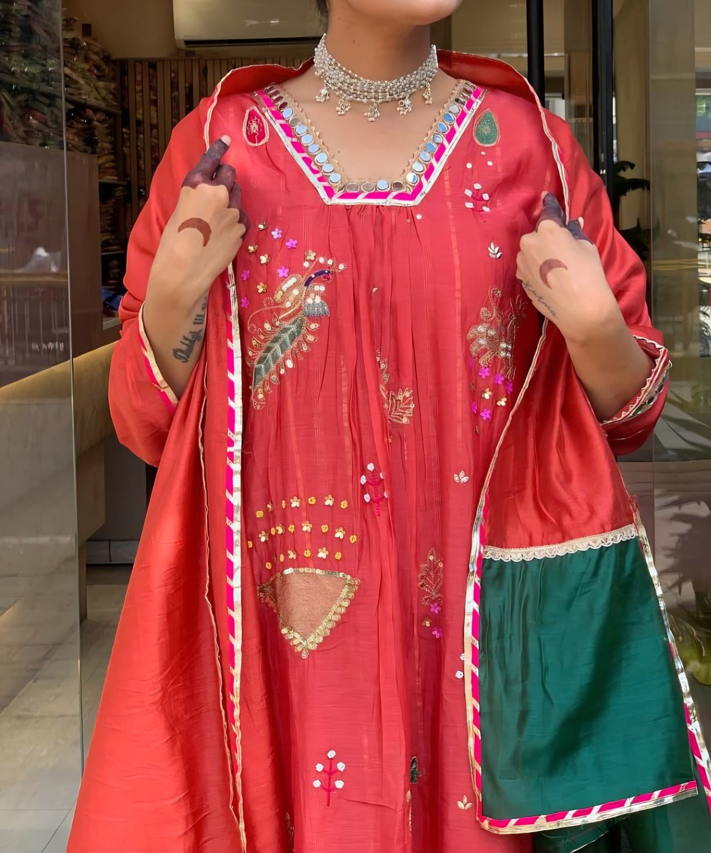 Women’s pure chinnon kurta pant dupatta set coral red with green border, mirror style neckline work, festive wear, sizes 38-44