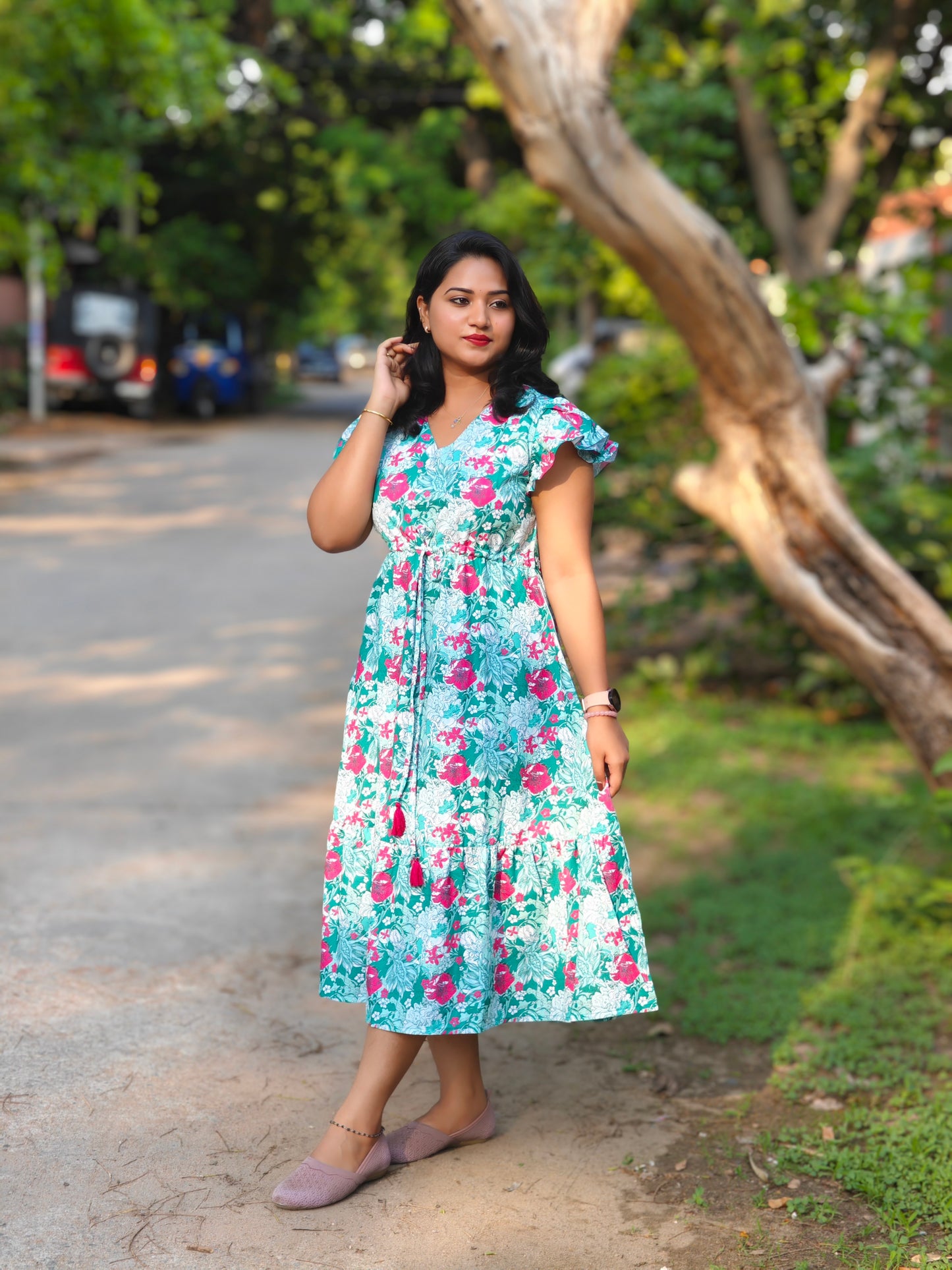 Green Moss Digital Floral Printed A-Line Dress for Women – Sizes M & L