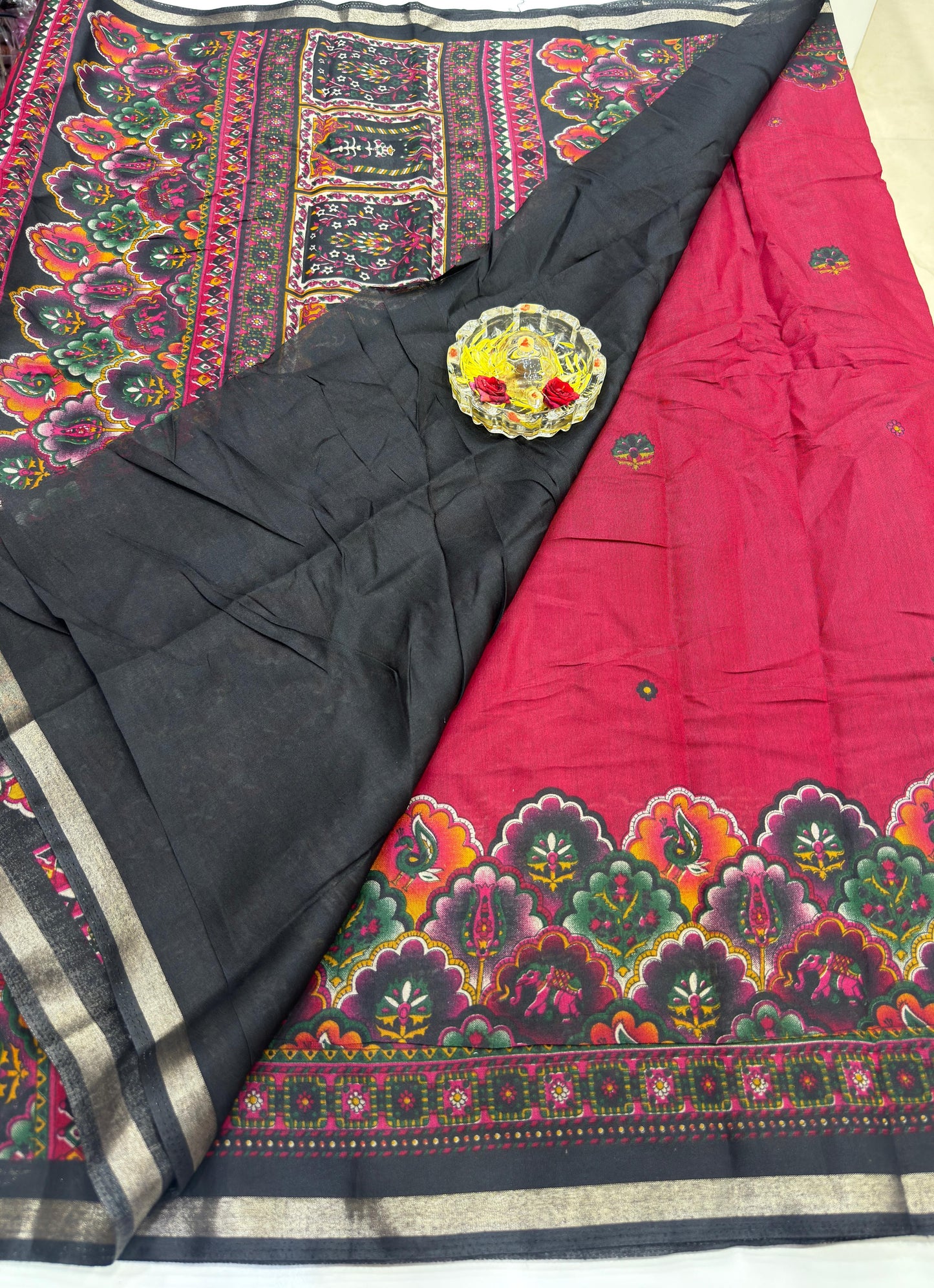 Kalamkari Printed Silk Blend Saree for Women with Artistic Border and Traditional Ethnic Design