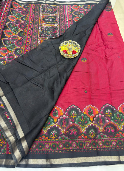 Kalamkari Printed Silk Blend Saree for Women with Artistic Border and Traditional Ethnic Design