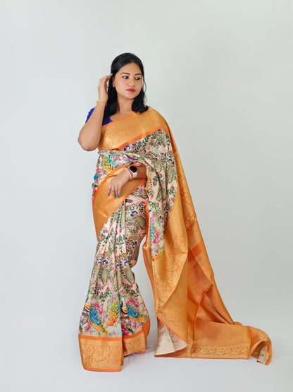 Soft Silk Saree with Kalamkari Motifs and Jacquard Border for Women