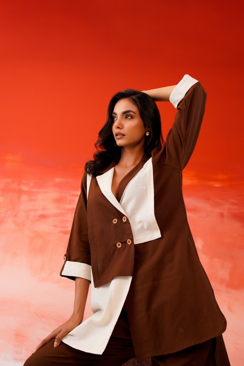 Cotton Co-ord Set for Women, Brown and Cream Colorblock Blazer Style Tunic Top with Pant, 2 Piece Set