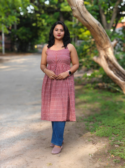 Red Cotton Geometric Print Flared Western Dress for Women – Sizes M to 2XL