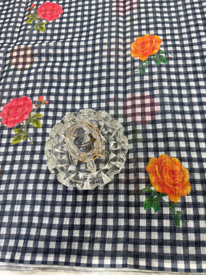 Linen Checks Printed Saree with Rose Floral Design and Matching Blouse for Women
