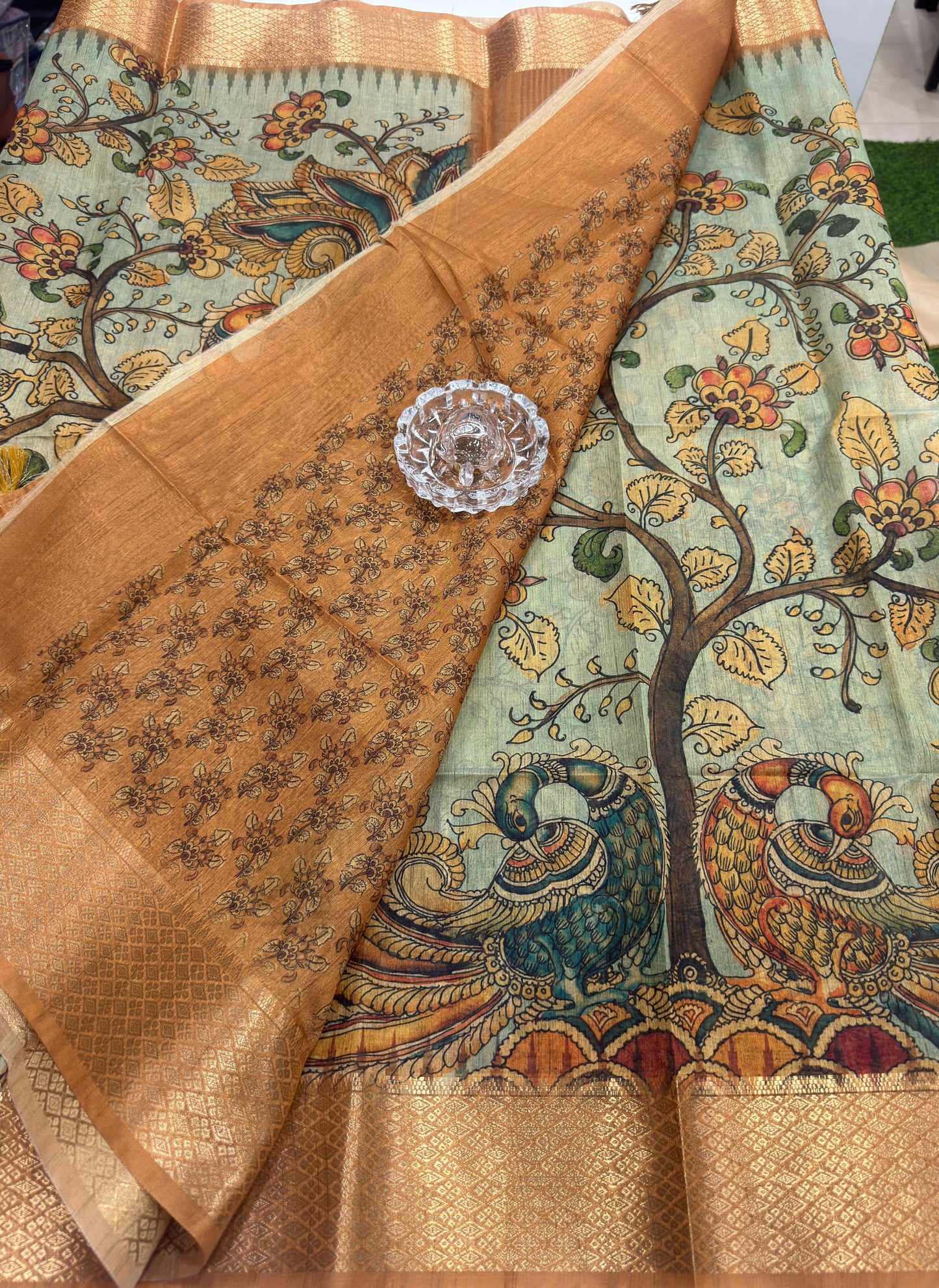 Pashmina Silk Kashmiri Printed Saree for Women Kalamkari Bird Floral Design with Zari Border Ethnic Saree