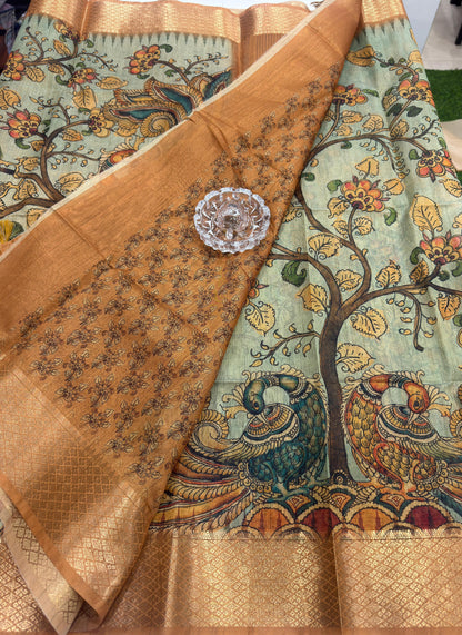 Pashmina Silk Kashmiri Printed Saree for Women Kalamkari Bird Floral Design with Zari Border Ethnic Saree