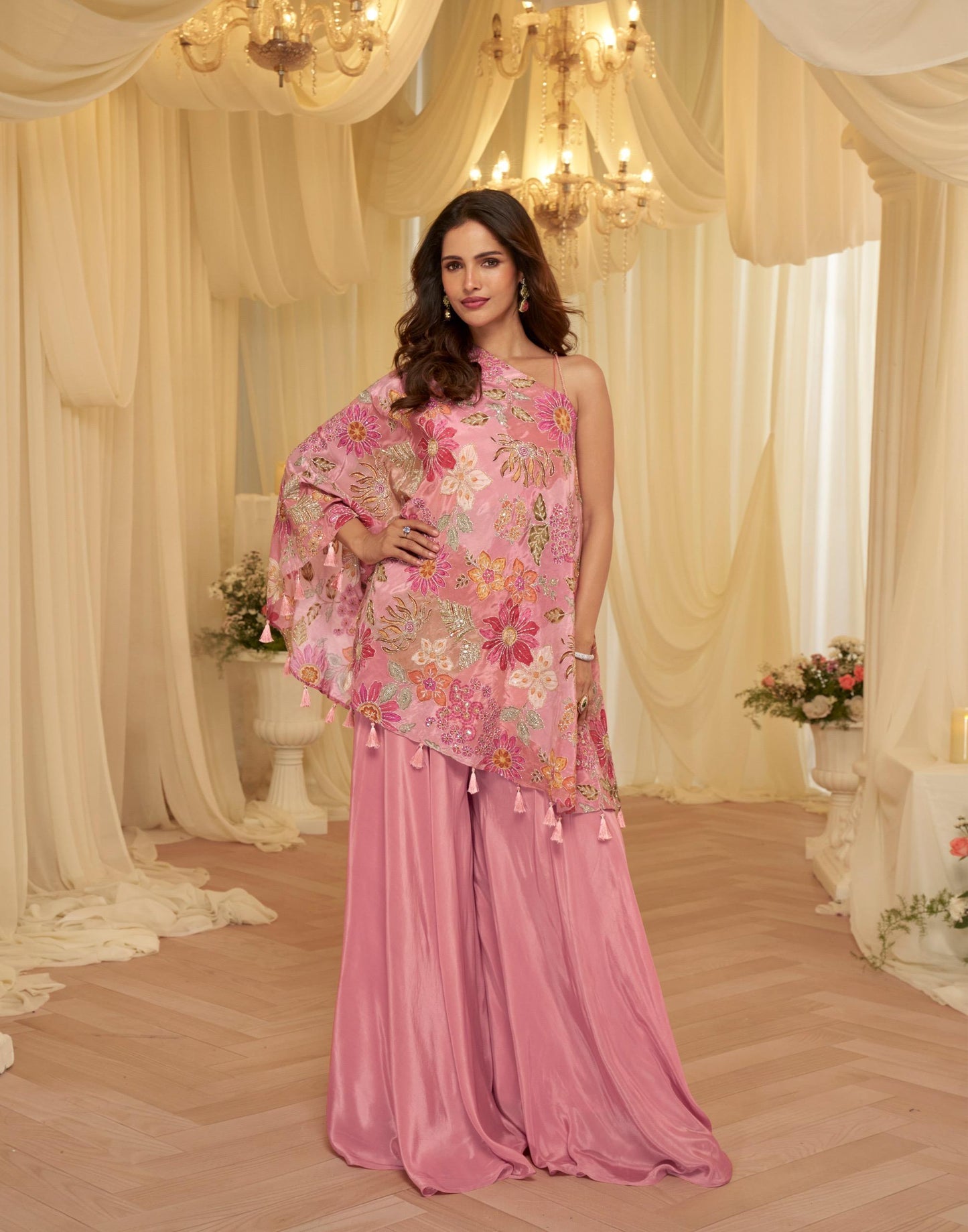 Designer Viscose Crepe Embroidered Kaftan Style Palazzo Set for Women with Blouse