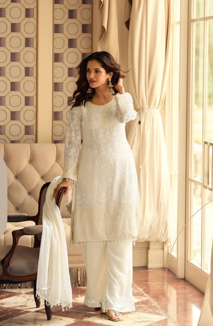 Women’s premium georgette embroidered stitched suit set with beads work and palazzo (XL)