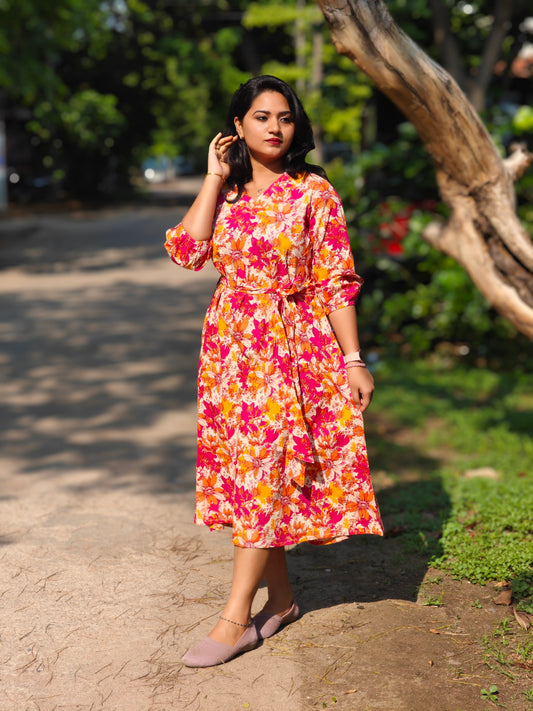Multicolour Cotton Floral A-Line Midi Dress for Women – Sizes S to 3XL