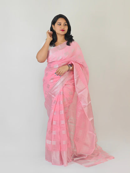 Linen Silk Saree with Silver Zari Weaving and Contrast Blouse – Festive and Wedding Wear