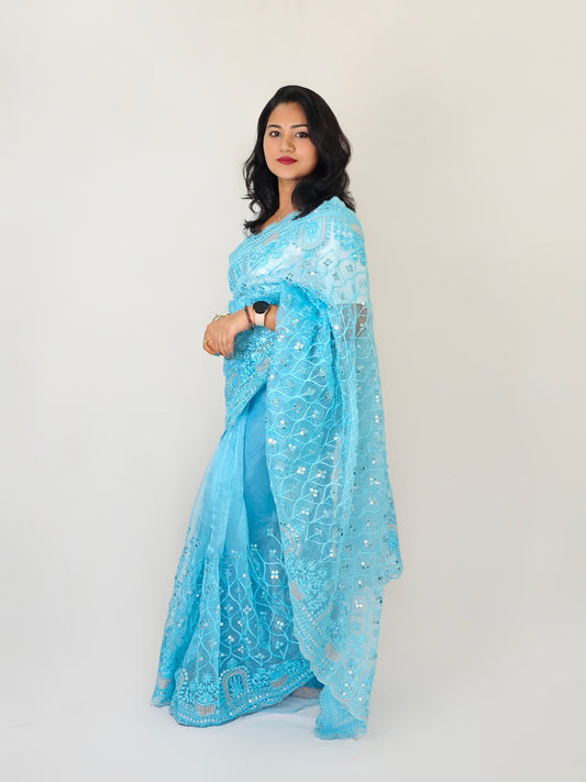 Premium Organza Saree with Multi-Thread Sequin Work and Mono Silk Blouse Piece