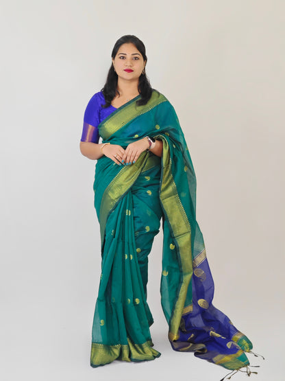 Maheshwari Silk Cotton Saree with Mango Butta Motifs & Gold Zari Border