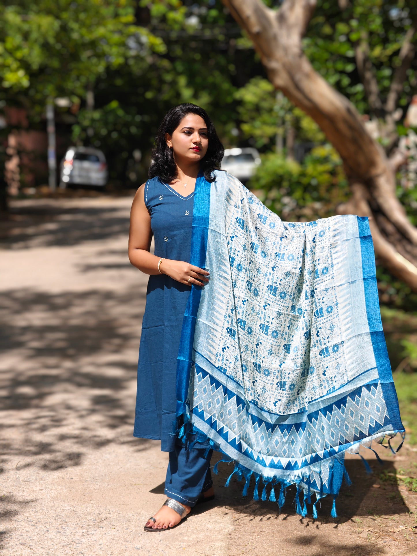 Cotton Slub Kurti with Hand Kantha Work, Pants and Cotton Silk Dupatta – Women’s Ethnic Set