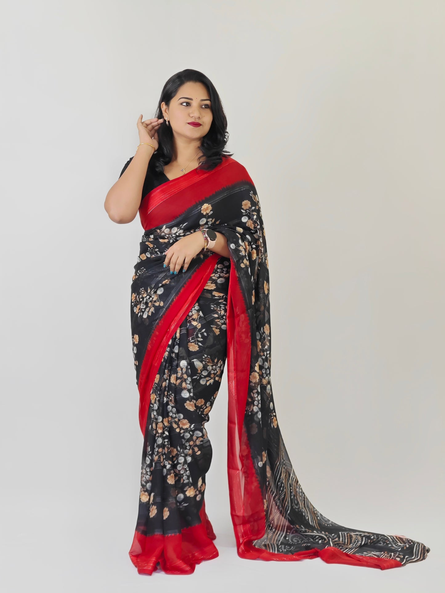 Chiffon Jari Saree with All-Over Floral Print & Contrast Printed Border – Blouse Options Available