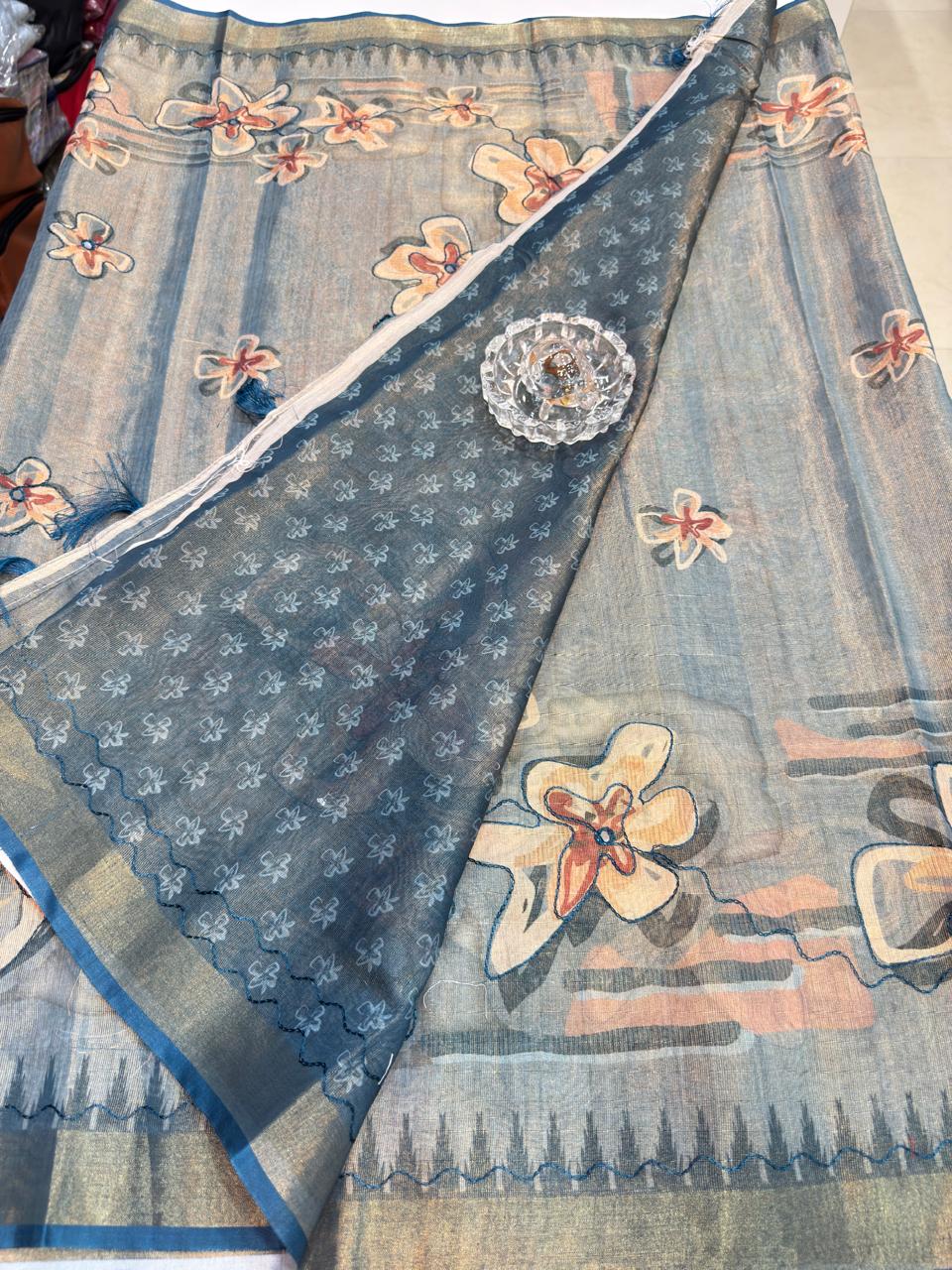 Erode Cotton Printed Saree with Aari Work and Tassel Pallu with Blouse Piece for Women