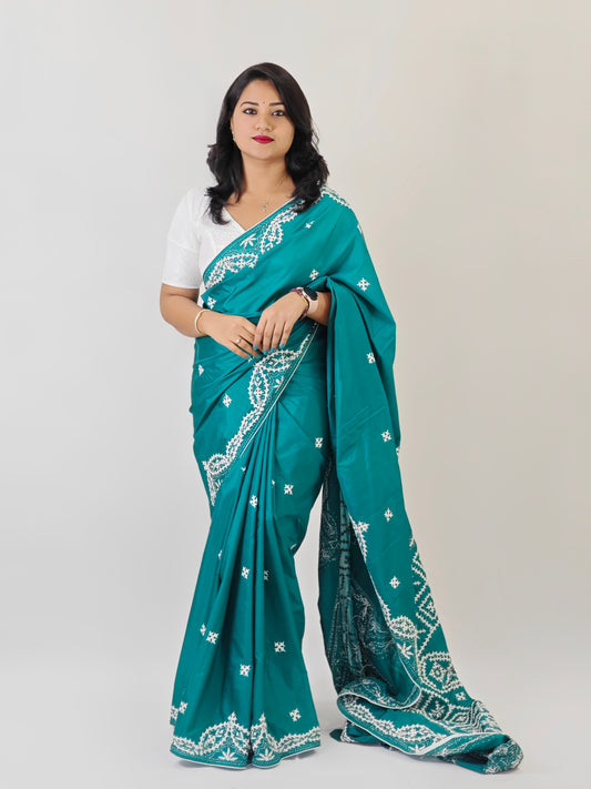 Handcrafted Gujarati Work Saree on Blended Banglori Silk with Contrast Cord Piping – Wedding and Festive Wear