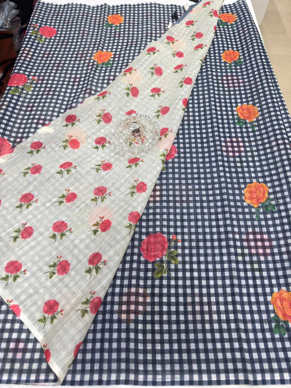 Linen Checks Printed Saree with Rose Floral Design and Matching Blouse for Women