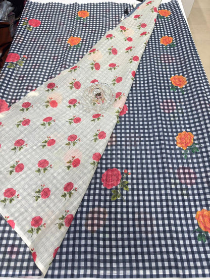 Linen Checks Printed Saree with Rose Floral Design and Matching Blouse for Women